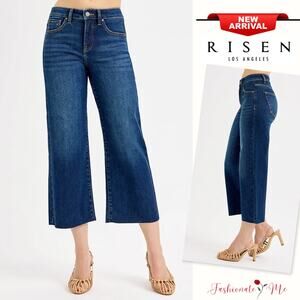 RISEN Tummy Control High Rise Raw Hem Dark Washed Cropped Wide Leg Denim Jeans